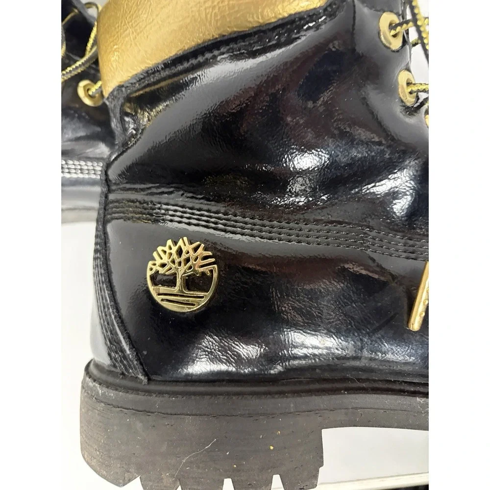 Timberland 6 Inch Boots Mens 10.5 Wide Black Patent Gold PrimaLoft 400g